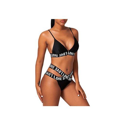 LANSKIRT Conjunto de Bikini Dos Piezas Bikini Sexy con Estampado de Letras Love Letras Traje de Baño Brasileño Trikini Biquini Vikinis Modernas Ropa de Playa Secado Rápido