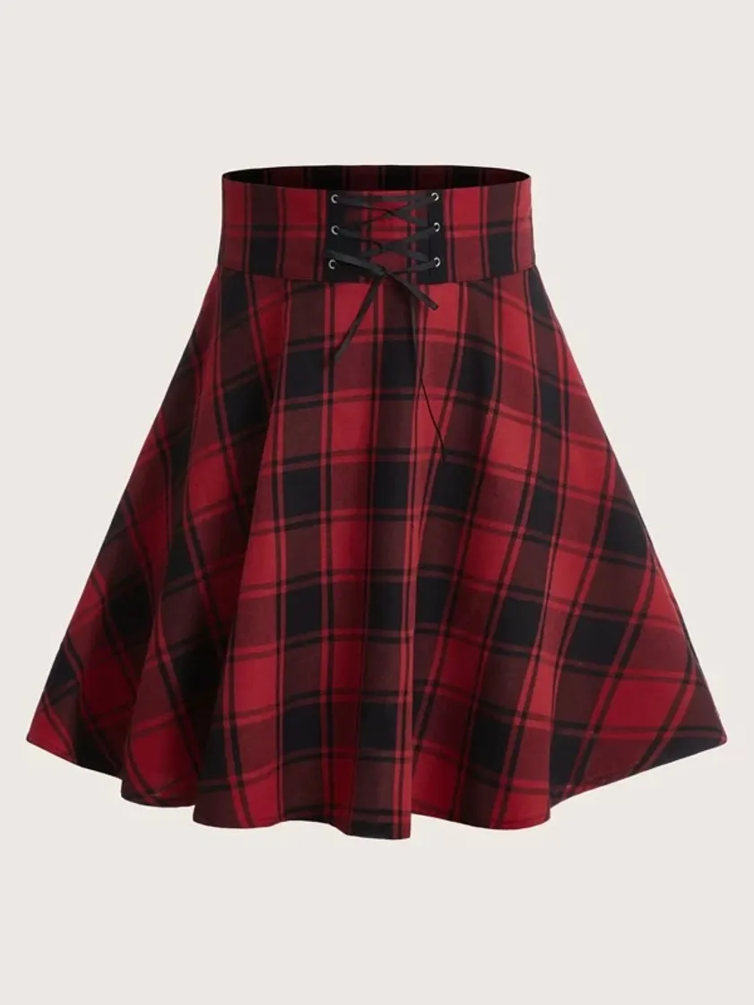 Moda Plus Plaid Lace Up Skater Skirt