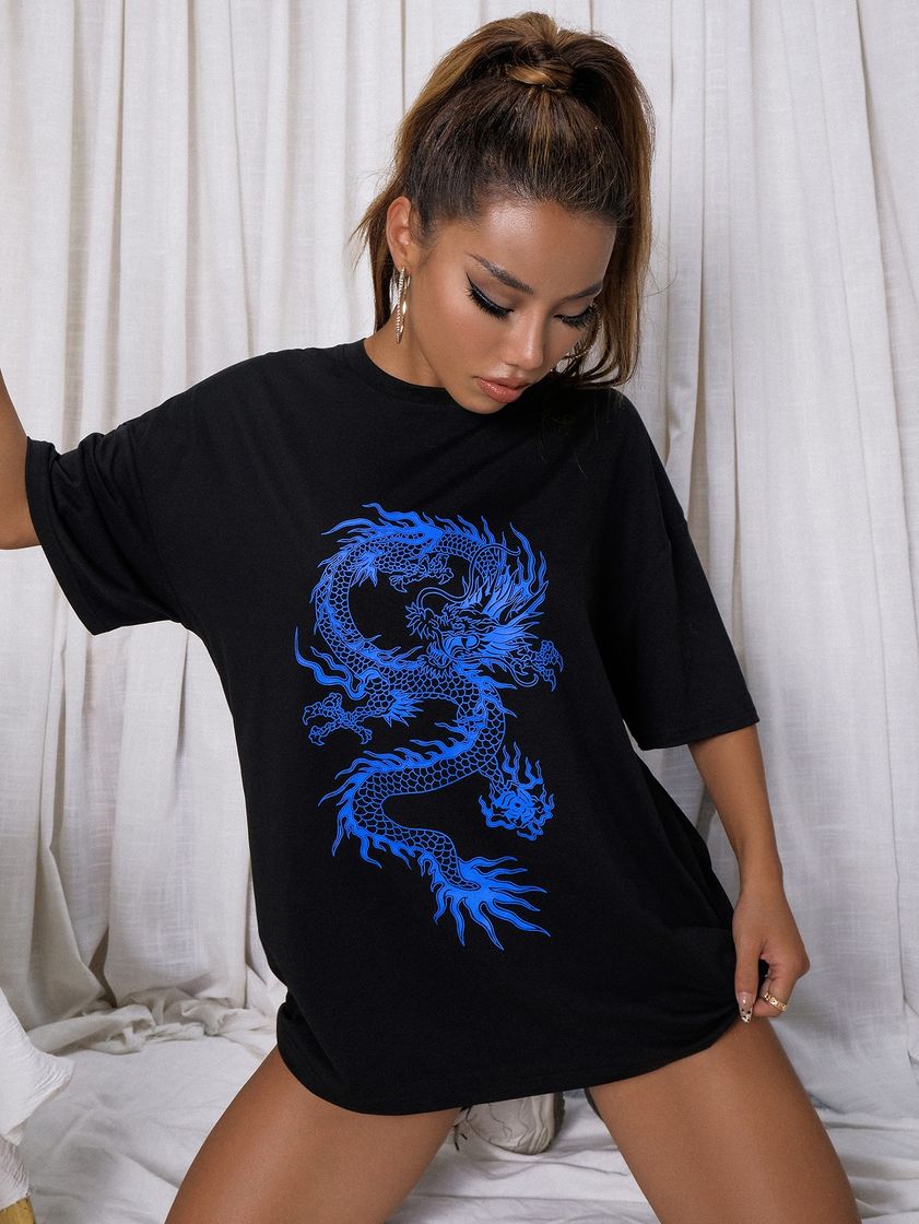 Social Camiseta larga amplía con estampado de dragón chino