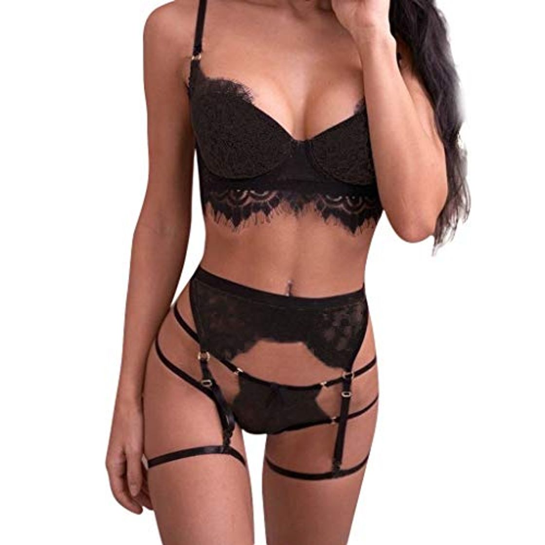 Social Lenceria Sexy Mujer Correas Sujetador y Panty Liga Conjunto Ropa Interior Babydoll Atractiva De Muselina Ropa de Dormir de TentacióN Deep V Lencería Pijamas riou