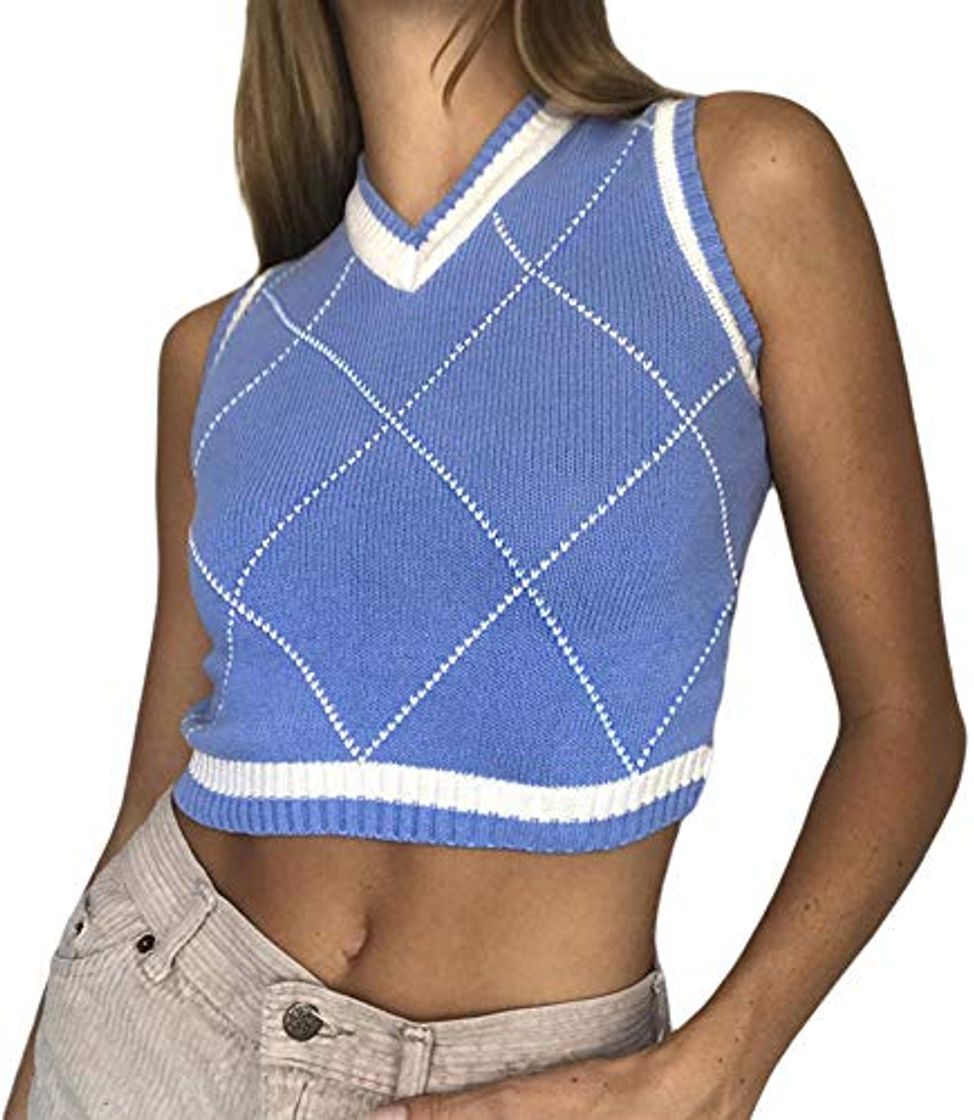 Moda Valentine's Day Sweater Vest Women Vintage Argyle Plaid E-Girl Preppy 90s Cropped