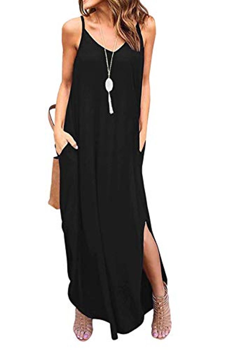 Moda Vestidos Mujer Casual Playa Largos Boho Floral Maxi Vestido Bohemio Tirantes Playa Verano Negro L