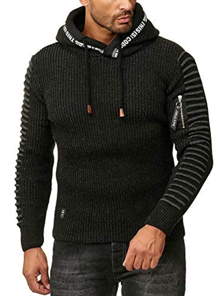 Moda Red Bridge Suéter con Capucha Casual Acanalado de Hombre Pulover con Cremallera Invierno Jersey Negra