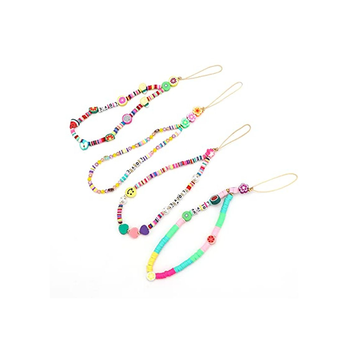 Electrónica AIEX 4 Piezas Colorido Cordón Phone Charm Beaded Teléfono Correa Arcoíris Cara Sonriente Flora Fruta Letras Corazón Perlas Cuentas Arcilla Acrílico Cordón Teléfono Accesorio Llavero para Mujeres Niñas