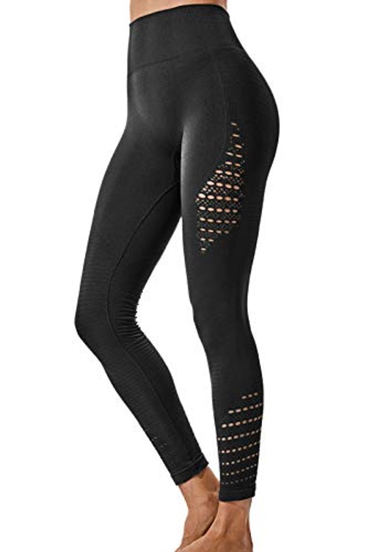 Moda FITTOO Leggings Sin Costuras Corte de Malla Mujer Pantalon Deportivo Alta Cintura Yoga Elásticos Fitness Seamless #1 Negro Small