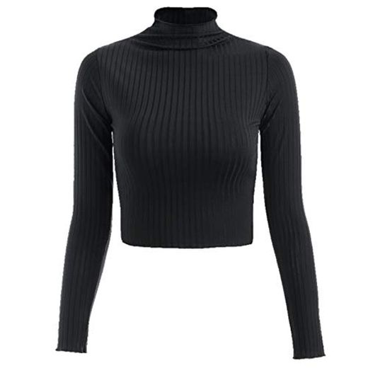 XianX Turtleneck Navel Bare Cropped Tops Women Autumn Ribbed Jummers Knitted Pullovers Short Sweaters Black XL