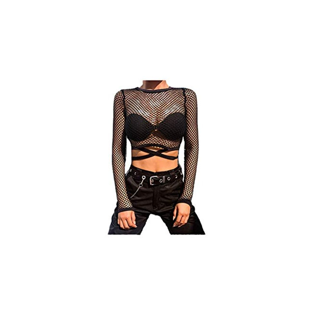 Social Malla GóTica De Manga Larga Tops De Rejilla Blusas Ropa De Mujer Moda SóLido Malla Ver A TravéS De Goth Manga Larga De Red De Pesca Tops Camiseta para Mujer Verano