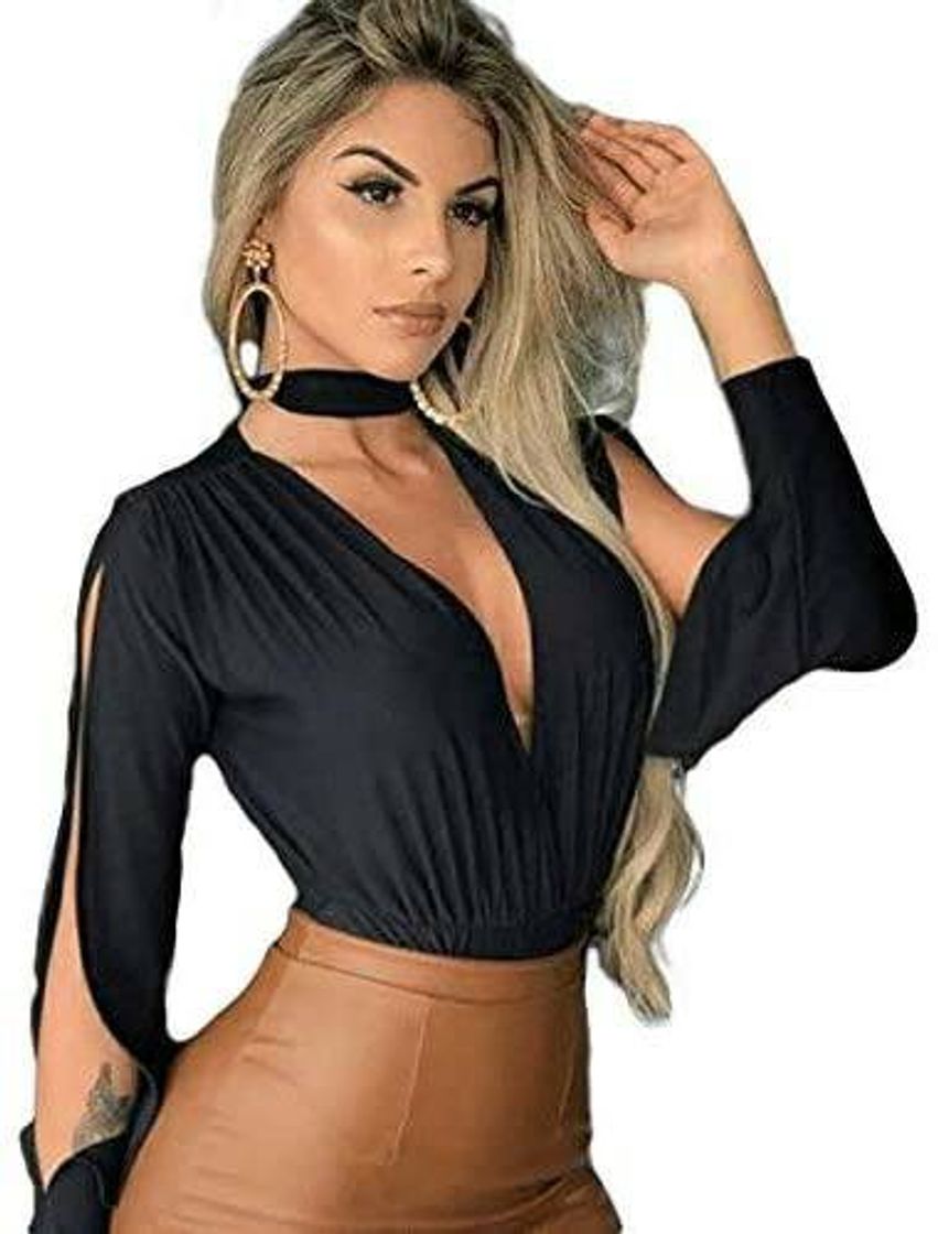 Moda Body Blusa Manga Longa Aberta Choker Decote Roupa Feminina