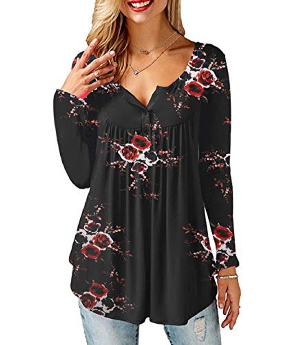 Moda Yuson Girl Manga Larga Mujer con Estampado de Flores Camiseta Manga Larga Camisa Casual Camiseta Casual Holgada con Cuello en V Camisa de Algodón Elegante Mujer