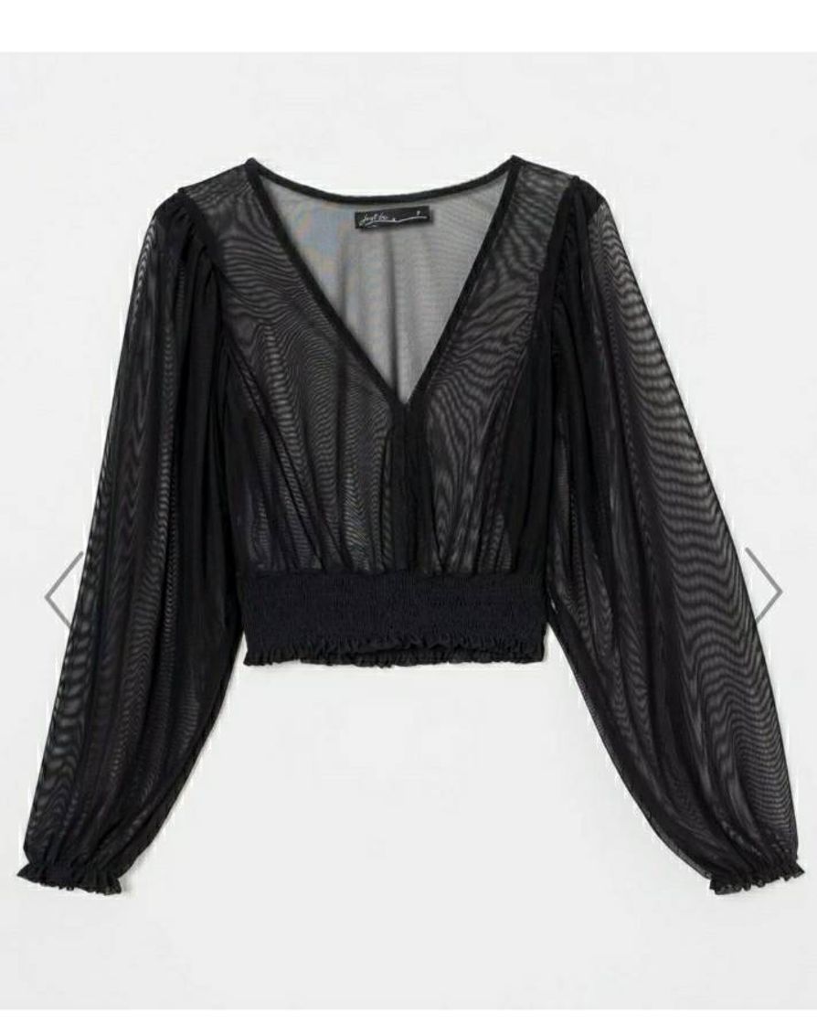 Moda Blusa Cropped Manga Longa em Tule com Lastex 

