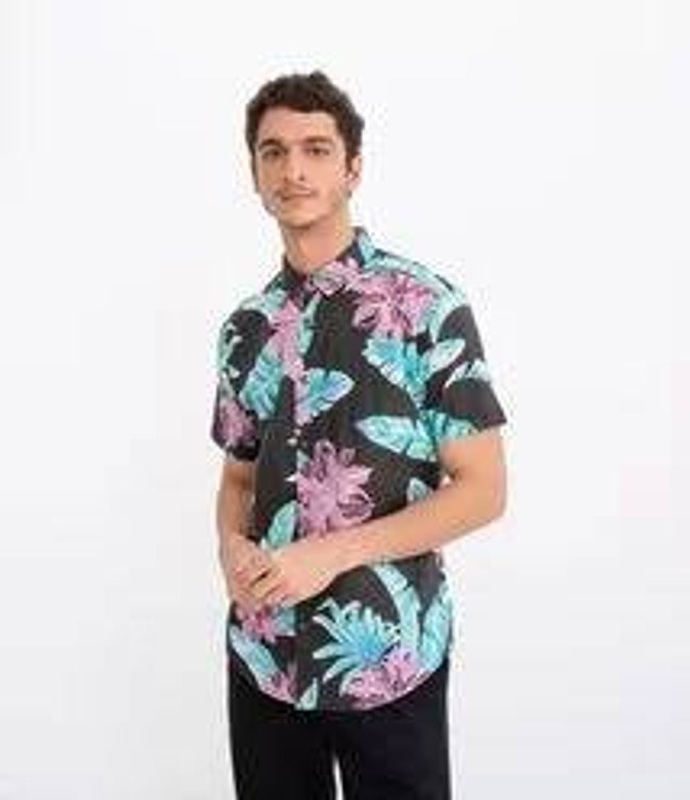 Moda Camisa Manga Curta Floral Preto

