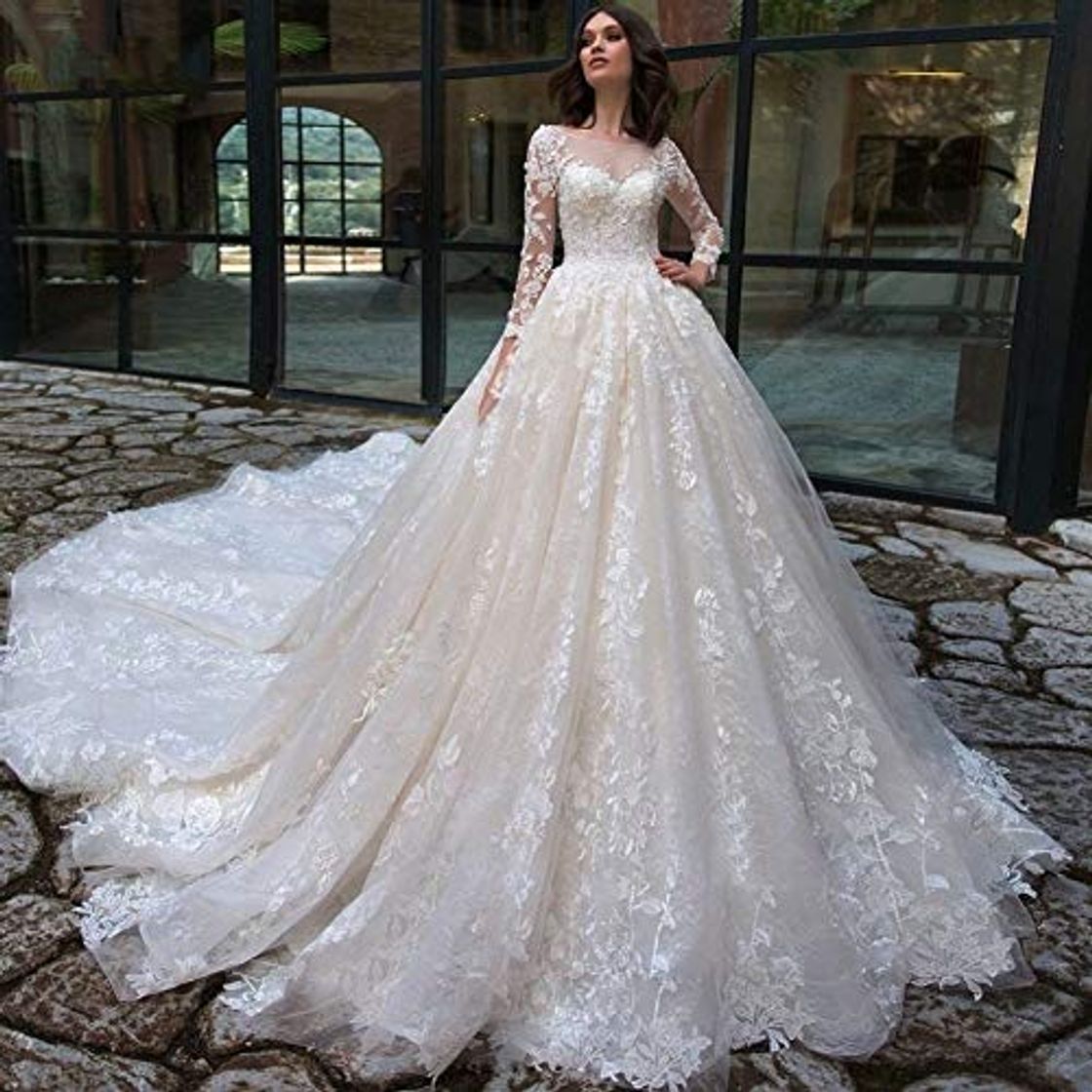 Social Vestido de novia Vestido de novia preciosa cosecha Apliques de tren capilla de encaje una línea de vestidos de boda atractivo con cuello redondo de manga larga Vestido de Noiva vestidos novia