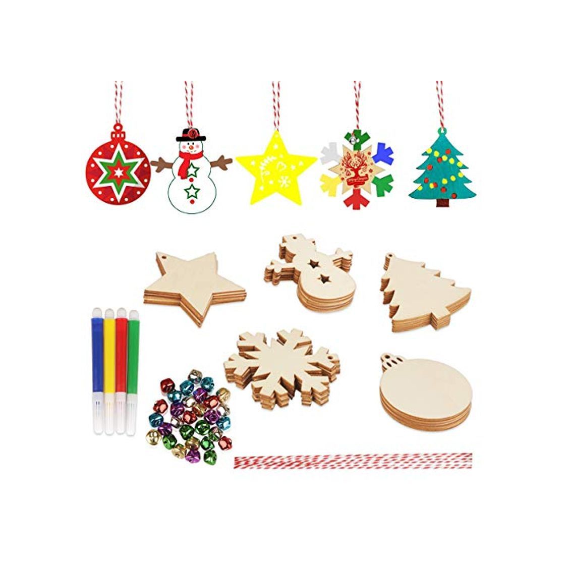 Producto 30 Piezas Adornos navideños de madera Set Adornos navideños de madera con 30 piezas de campanas de colores y 30 piezas de cuerda para manualidades de bricolaje Decoración colgante de árbol de Navidad