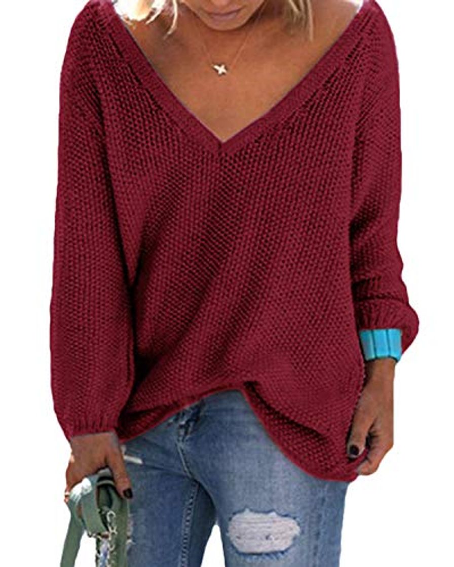 Fashion Yoys - Jersey largo con cuello en V para mujer