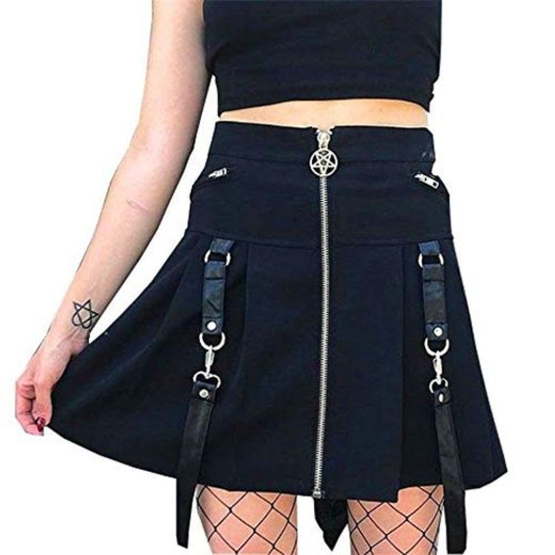 Social XIANGLIOOD Mujer Plaid A Line Cintura Alta Acampanada Plisada Corta Mini Négro