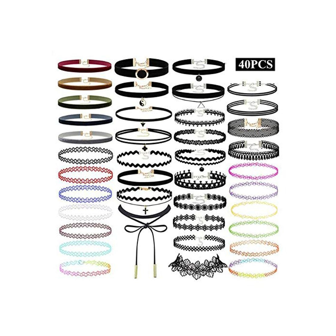 Social REYOK 40 Piezas Stretch Gótico Tatuaje Henna Collar Negro de Terciopelo Choker Conjunto de Collar Henna Tattoo Choker Conjunto Gargantilla elástica para Mujeres y niñas