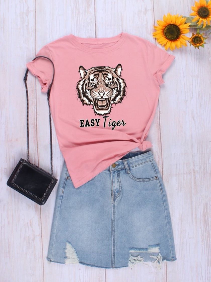 Fashion Camiseta rosa com estampa de tigre 