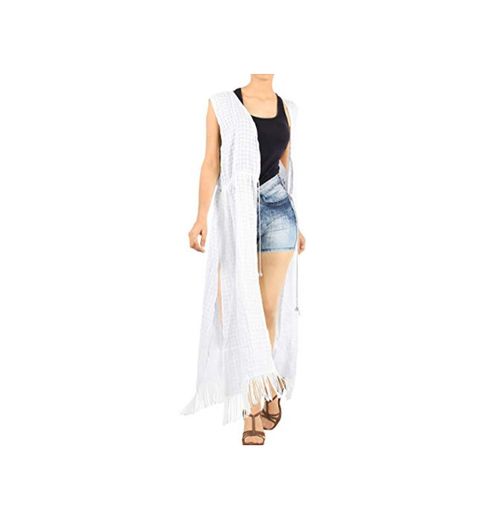 LA LEELA Mujeres Algodón Praia de Encaje Largo Kimono Cardigan Ganchillo de La Vendimia Borlas Midi Vestido Exóticas Protector Solar Ropa de Playa Ghosts Blanco_C139