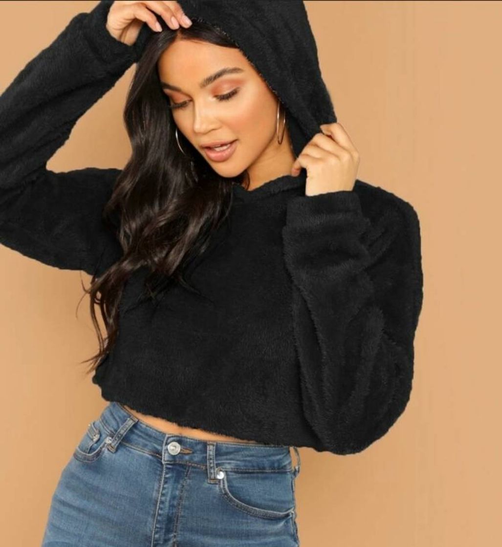 Moda Solid Crop Teddy Hoodie | SHEIN EUR