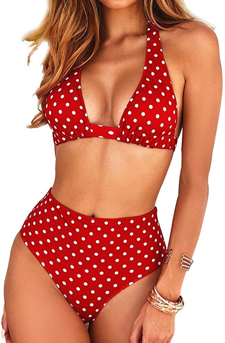 Fashion Bikini de Mujer Conjunto de 2 Piezas de Cuello Halter Traje de Baño de Estampado Floral de Cintura Alta para el Verano