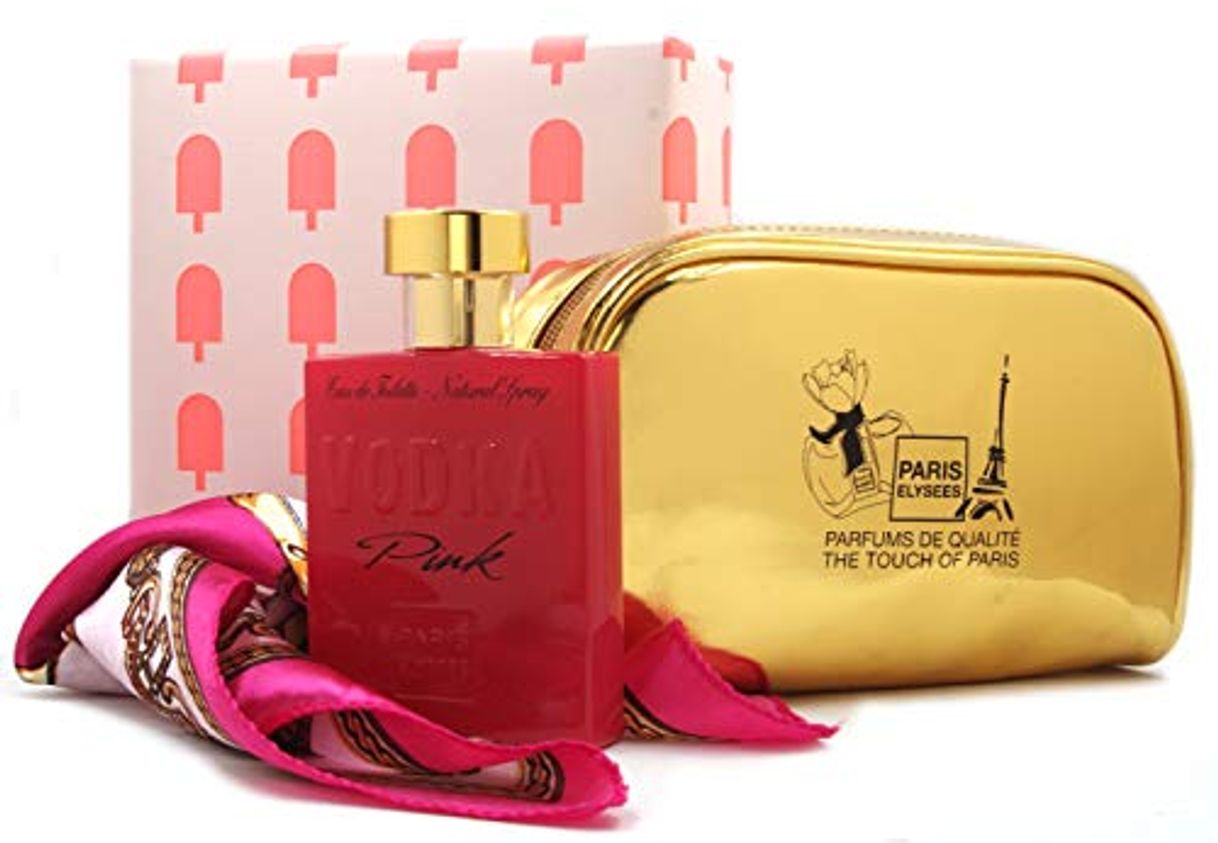 Producto Coffret Mujer Vodka Pink con un pañuelo y una neceser de oro