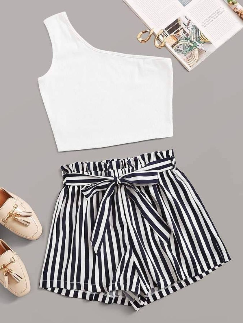 Fashion Conjunto de cropped branco com parte de baixo xadrez 