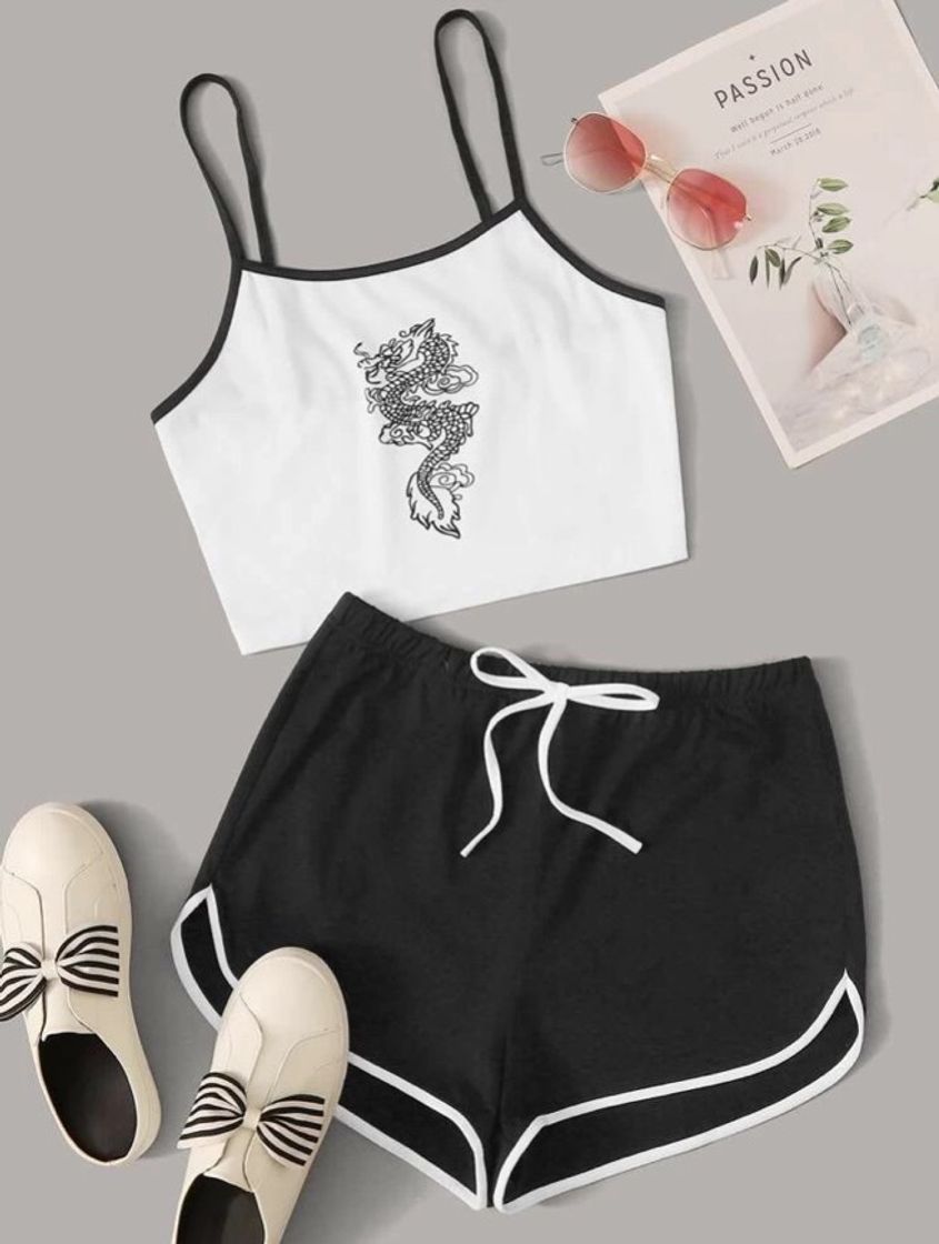 Fashion SHEIN Blusa e Short Preto e Branco c Dragão 