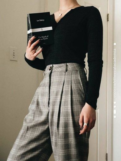 plaid trousers and black ribbed knit 