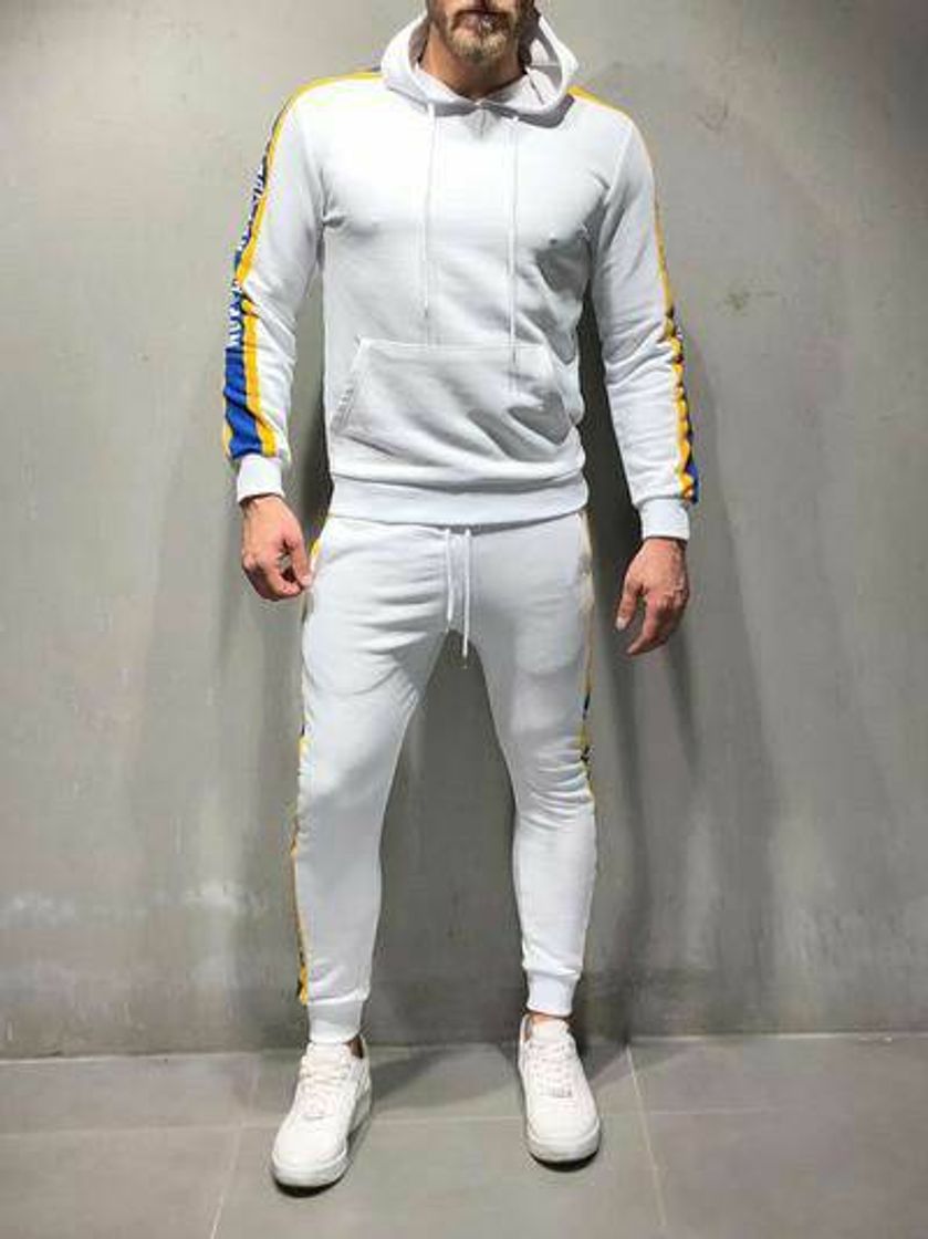 Moda Solid band tracksuit sweatpant hoddie sweater- white 4199