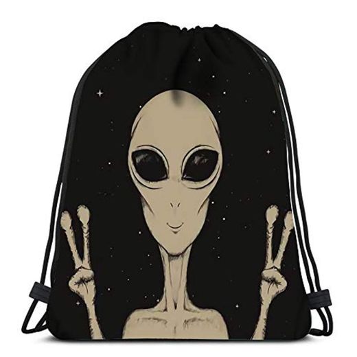 Drawstring Backpack Alien Showing Peace Sign Space Life Color For School Or Travel
