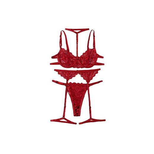 HULAODA Conjunto de lencería de Liguero de Encaje Floral Rojo con Colgante Ropa Interior íntima y Ropa Interior para Mujer Conjunto de Ropa Interior para Mujer