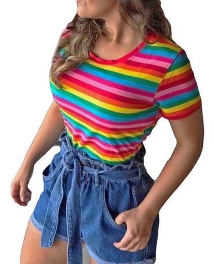 SHEIN Multicolorido Malhado Listra do arco-íris ocasional Camiseta