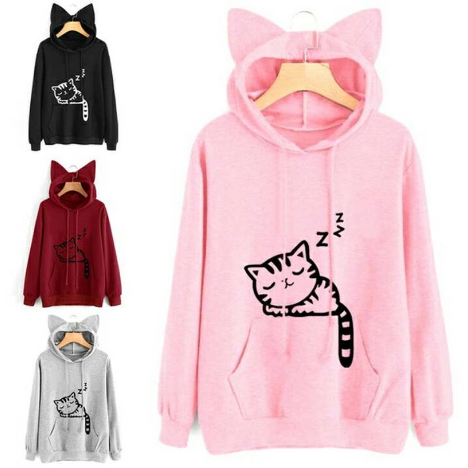 Fashion Moletom Feminino de Gato Manga Longa Com Capuz