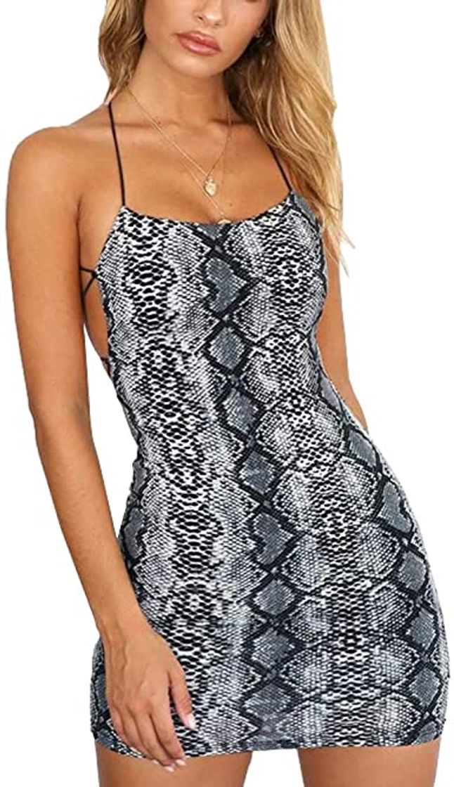 Moda Vestido Corto Mujer Verano Sexy Vestido Ceñido Piel de Serpiente Vestido Mini con Tirantes de Espagueti Gris M