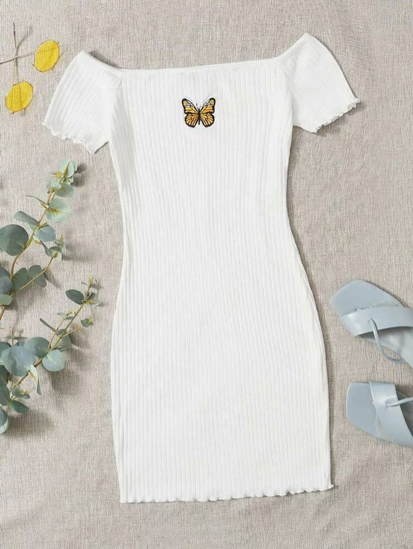 Social Embroidered Butterfly Graphic Ribbed Dress