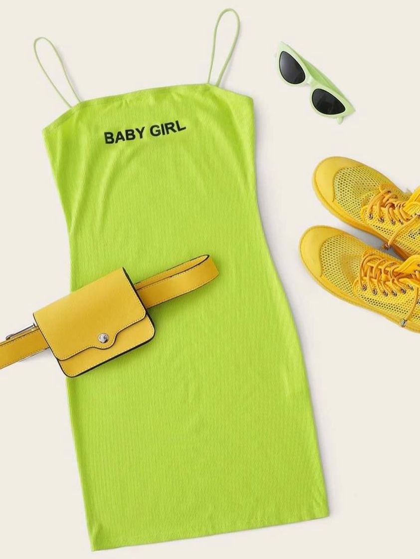 Social SHEIN Verde Malhado Slogan Ocasional Vestido

