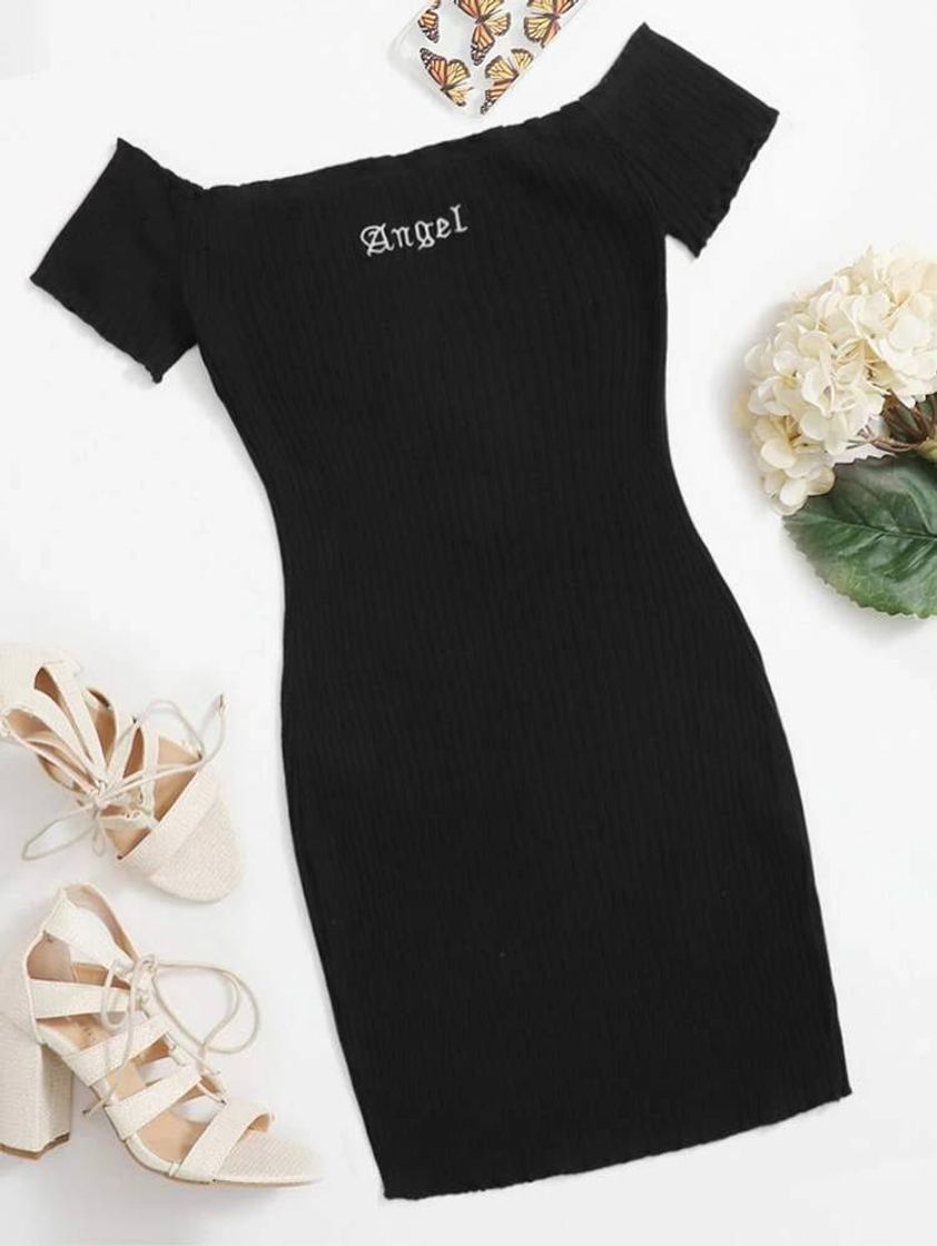 Social SHEIN Preto Bordado Carta Ocasional Vestido

