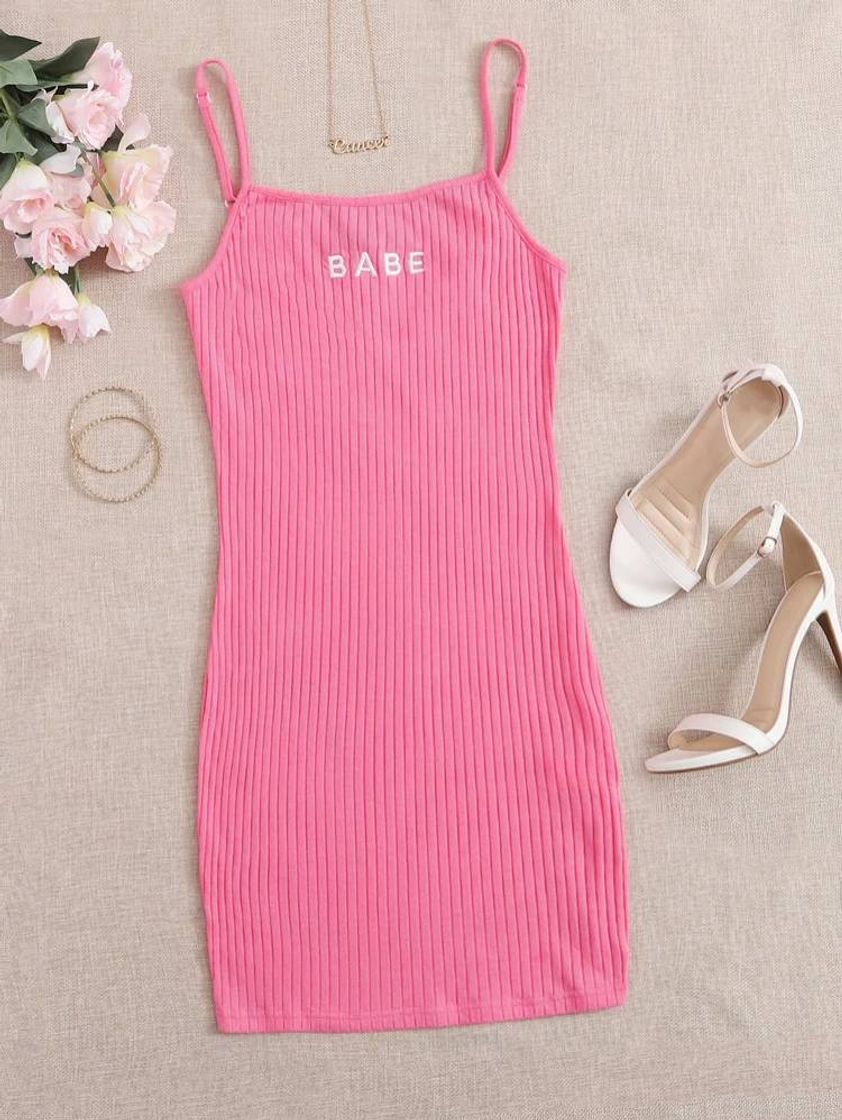 Social SHEIN Rosa Bordado Carta Ocasional Vestido 

