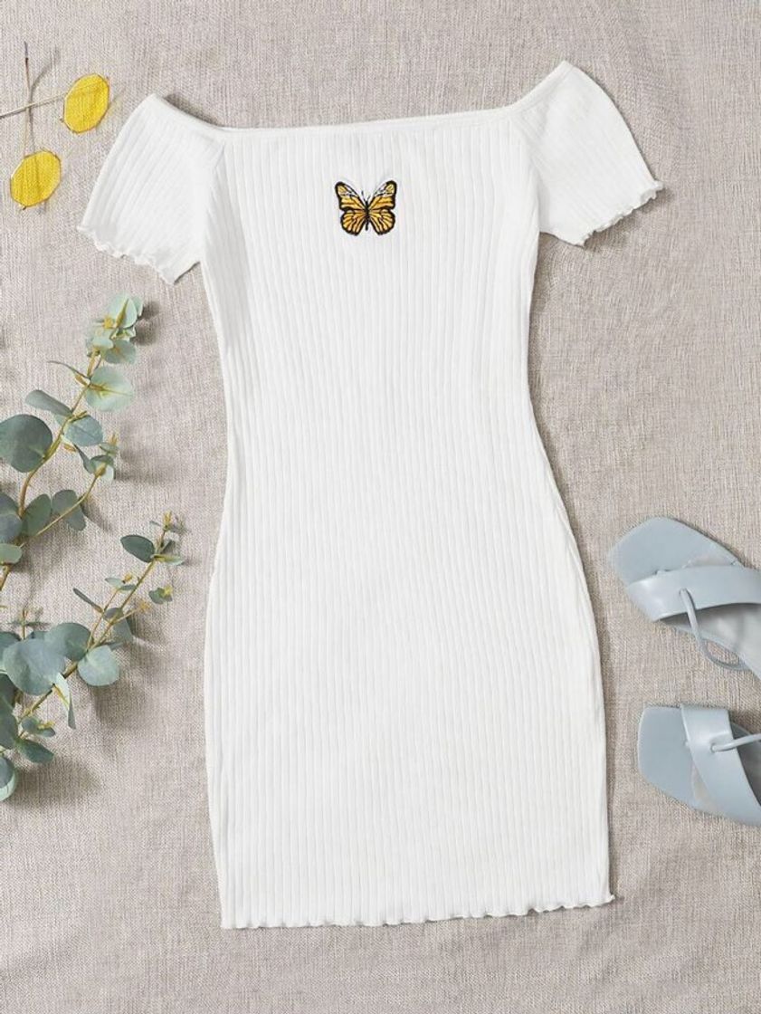Social Embroidered Butterfly Graphic Ribbed Dress
