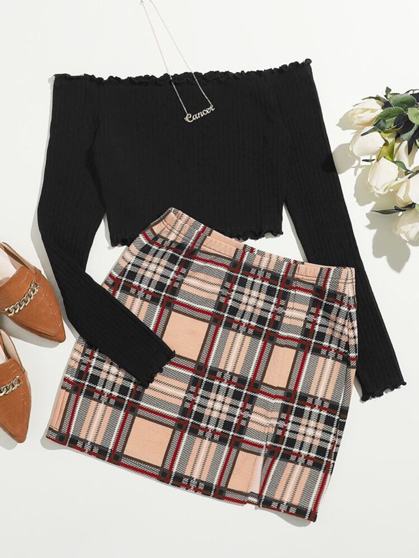 Social SHEIN Dividido Xadrez Ocasional Roupa De 2pçs