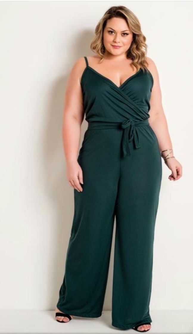 Moda Macacão com Alças e Amarração Verde Plus Size - Marguerite