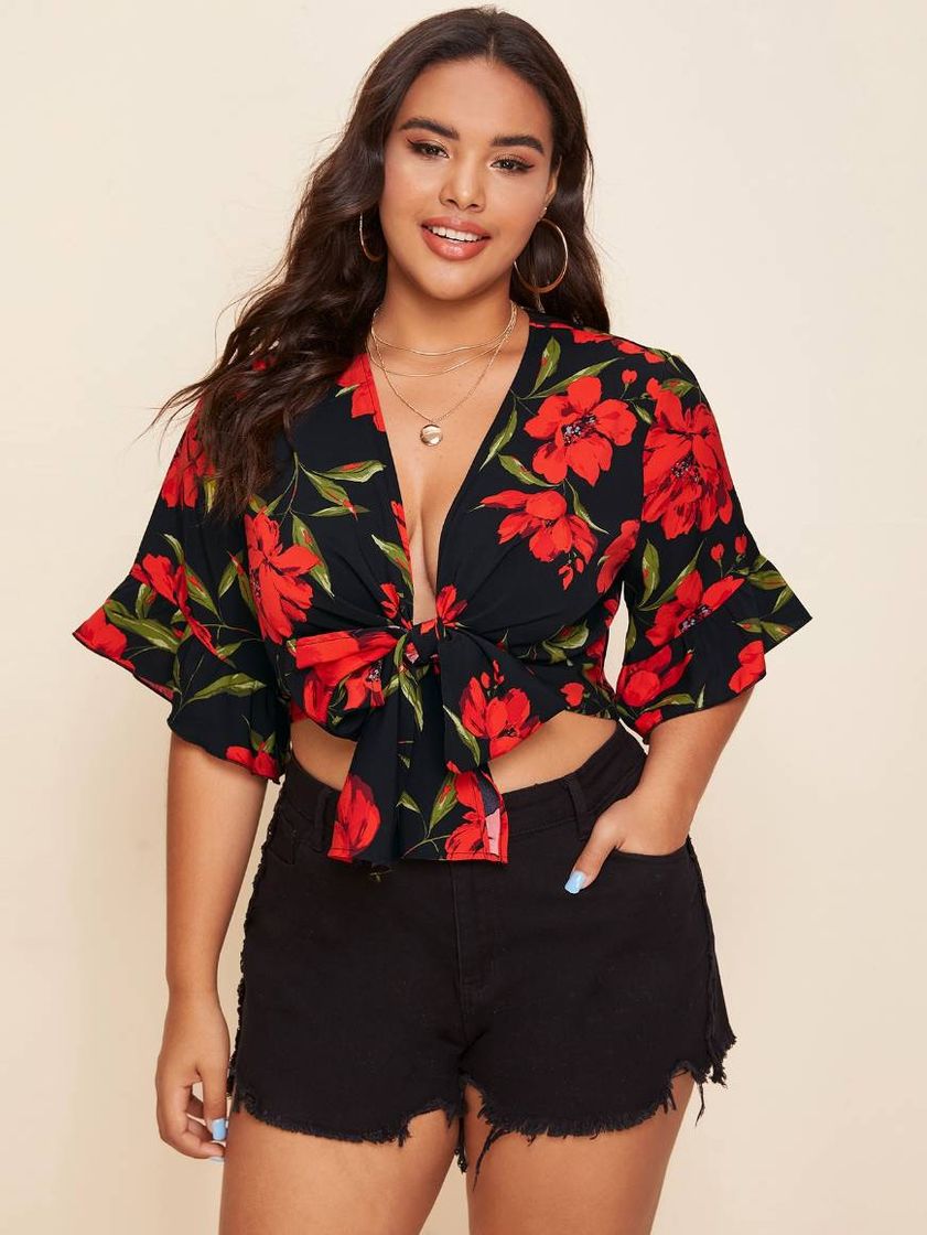 Fashion Multicolorido Plissado Floral Boho Blusa para  Mulher Plus S