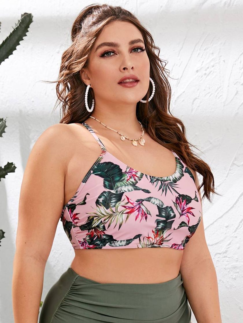 Moda Parte de cima de biquíni com estampa tropical Plus size