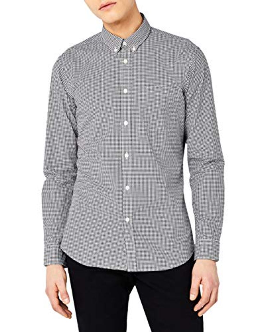 Moda Marca Amazon - MERAKI Camisa Manga Larga de Algodón Entallada Hombre, Negro