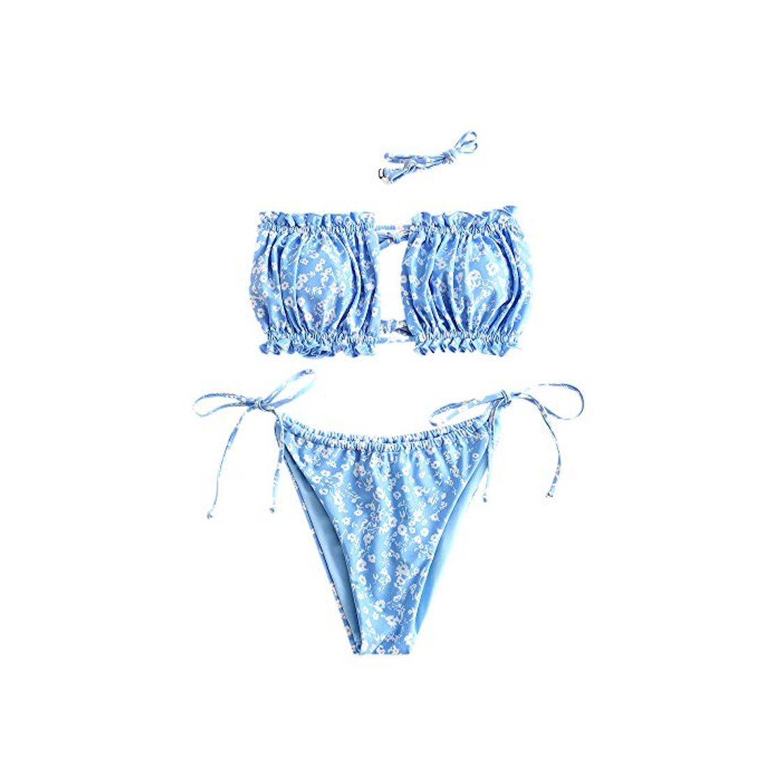 Product ZAFUL Bikini bandeau Floral Lace Up Ruched para mujer azul S