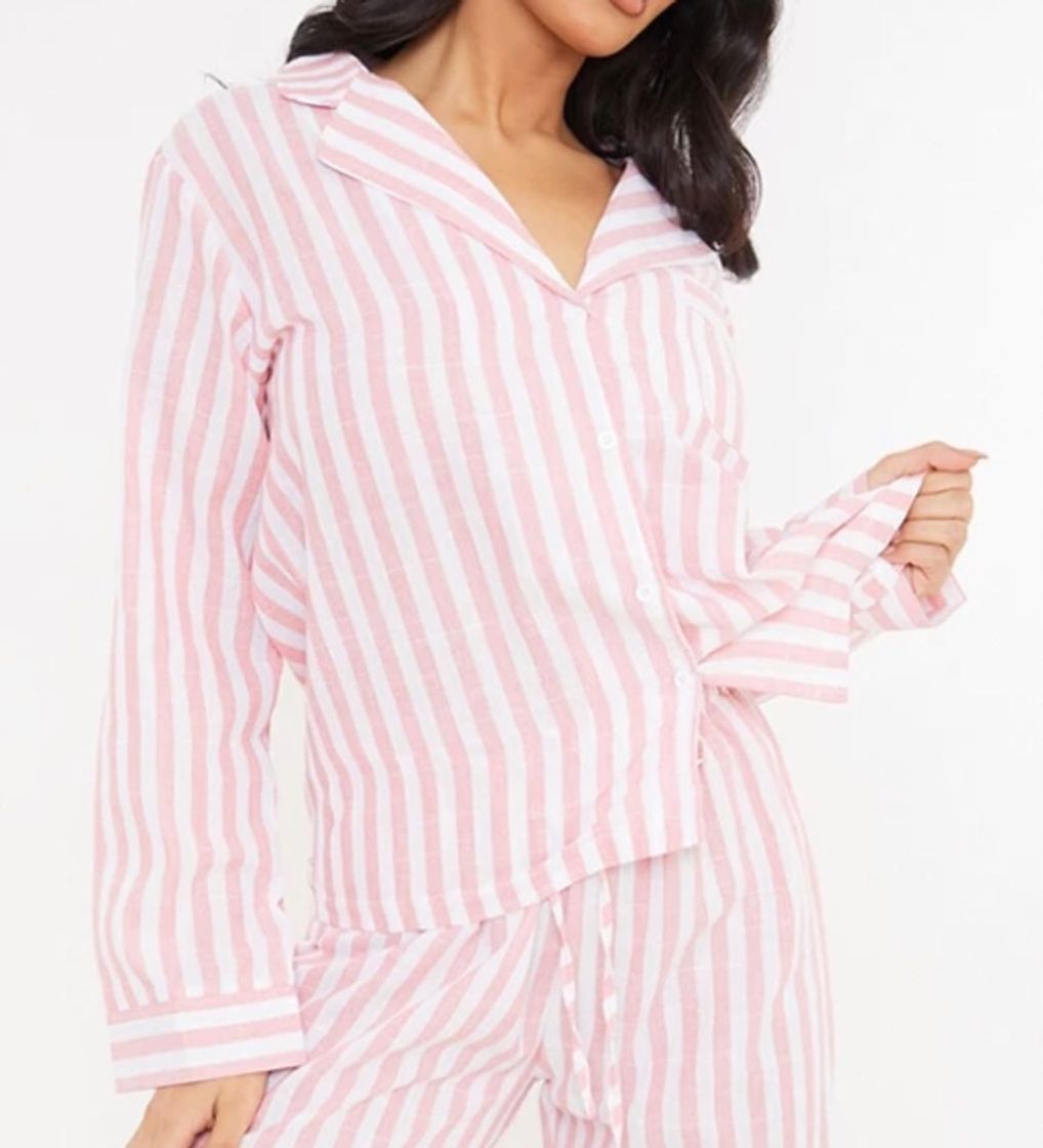 Moda Conjunto de pijama rosa con raya diplomática de camisa y pan