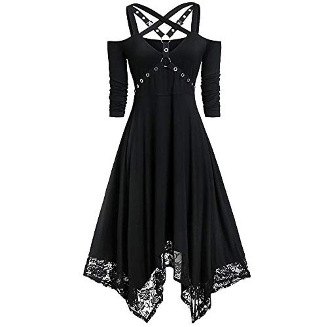 Fashion VJGOAL Mujer Moda Halloween Punk Vestido gótico Sexy Fuera del Hombro Encaje Patchwork Media Manga Vestido Plisado Negro