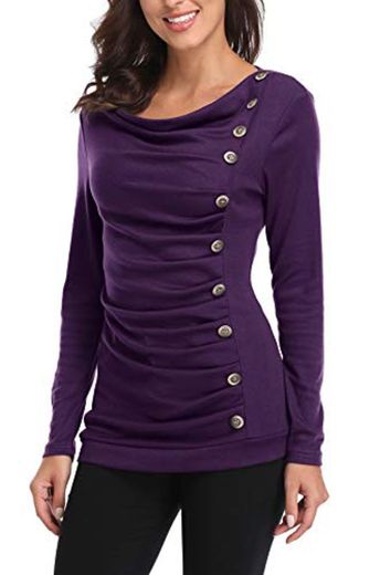 MISS MOLY Blusas para Mujer Elegantes T Shirt Botones Laterales Blusa de Otoño Camiseta Y Tops Púrpura Large