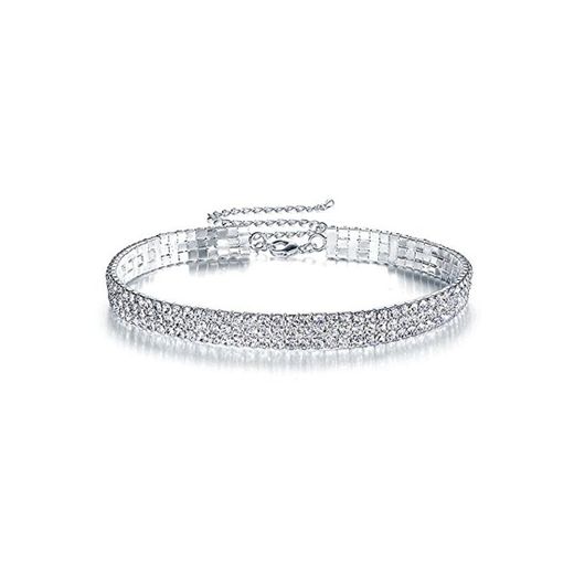 Elegant Rose 3 Row Clear Rhinestone Necklace Choker Necklace Wedding Jewelry for