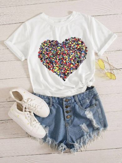 Branco Coração Ocasional Camiseta | SHEIN